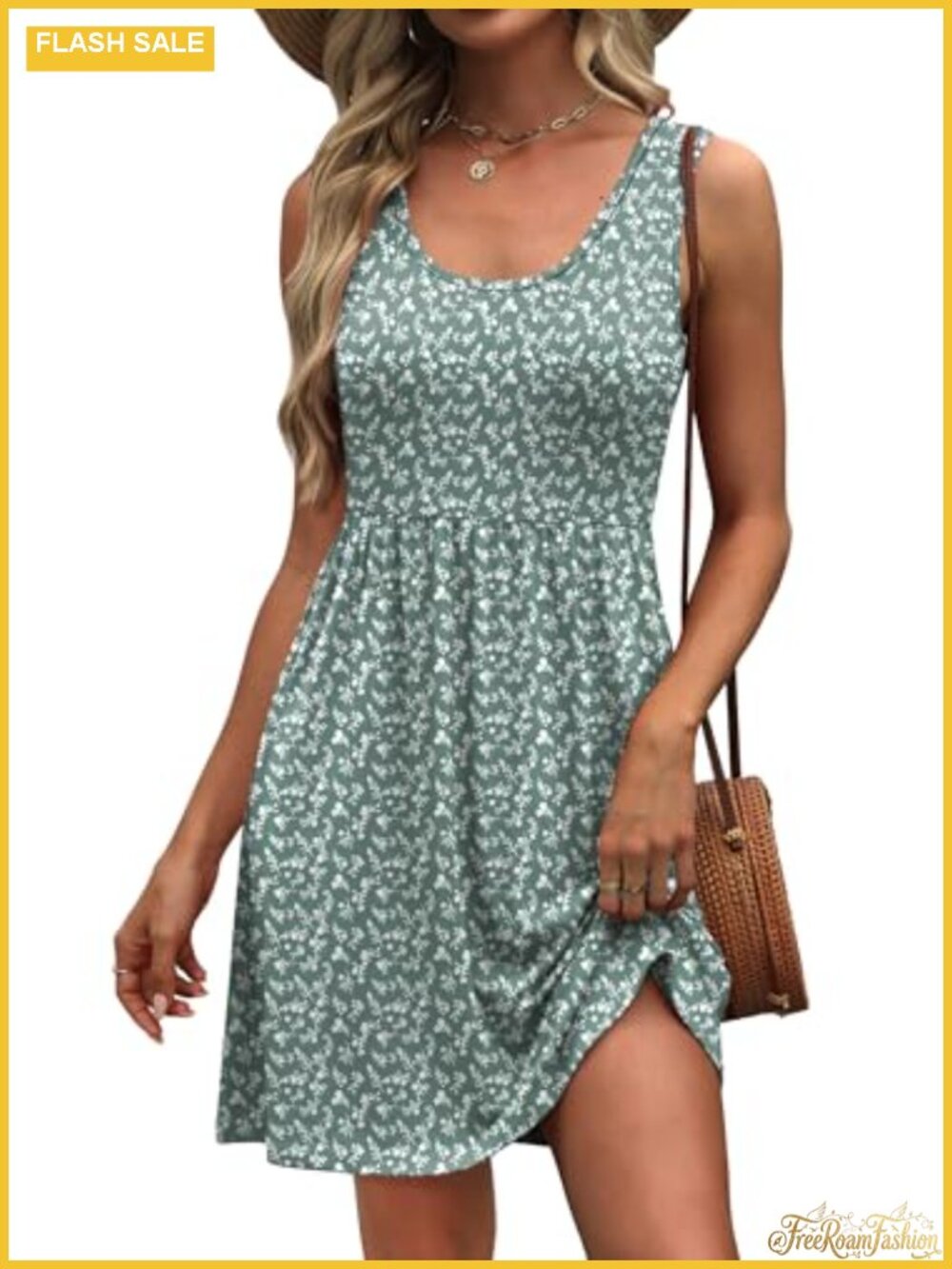 Womens Sleeveless A-Line Swing Dress with Pockets Scoop Neck High Waist Casual